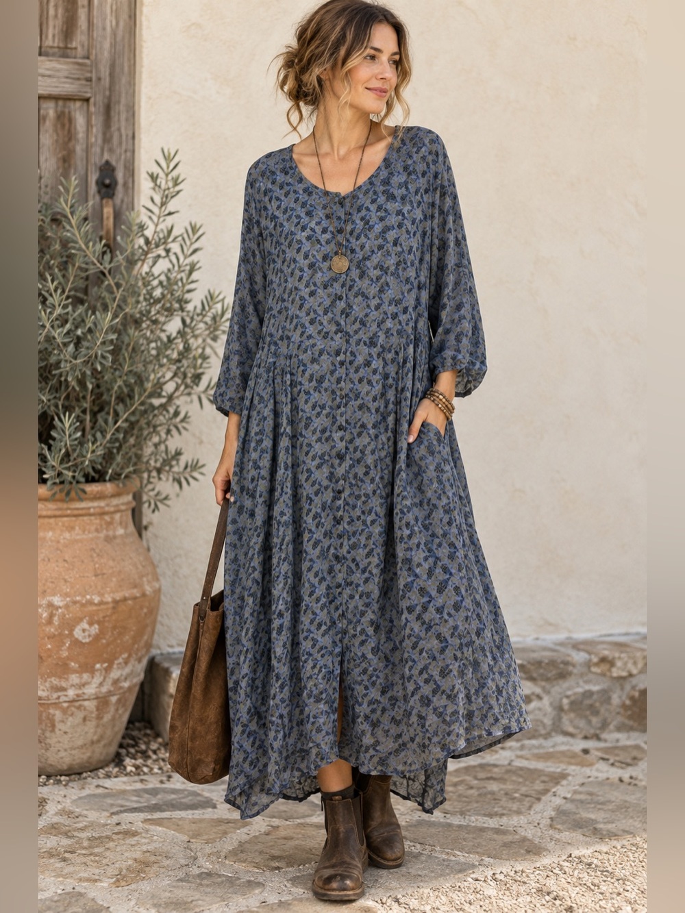 FLAX Jeanne Engelhart Medium Blue Floral Rayon Button Front Dress Lagenlook Boho